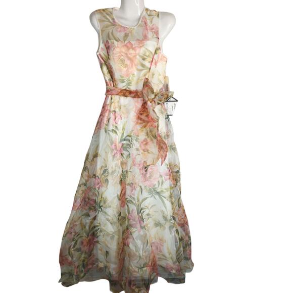 Eliza‎ J. Ivory Multi Floral Illusion Neck Belted Evening Dress Womens 6P NWT - Picture 3 of 16